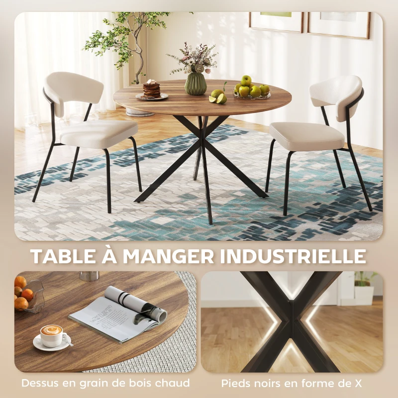 HOMCOM Table à manger ronde pour 4 personnes 120 cm style industriel avec plateau aspect bois, piètement croisé en acier, marron