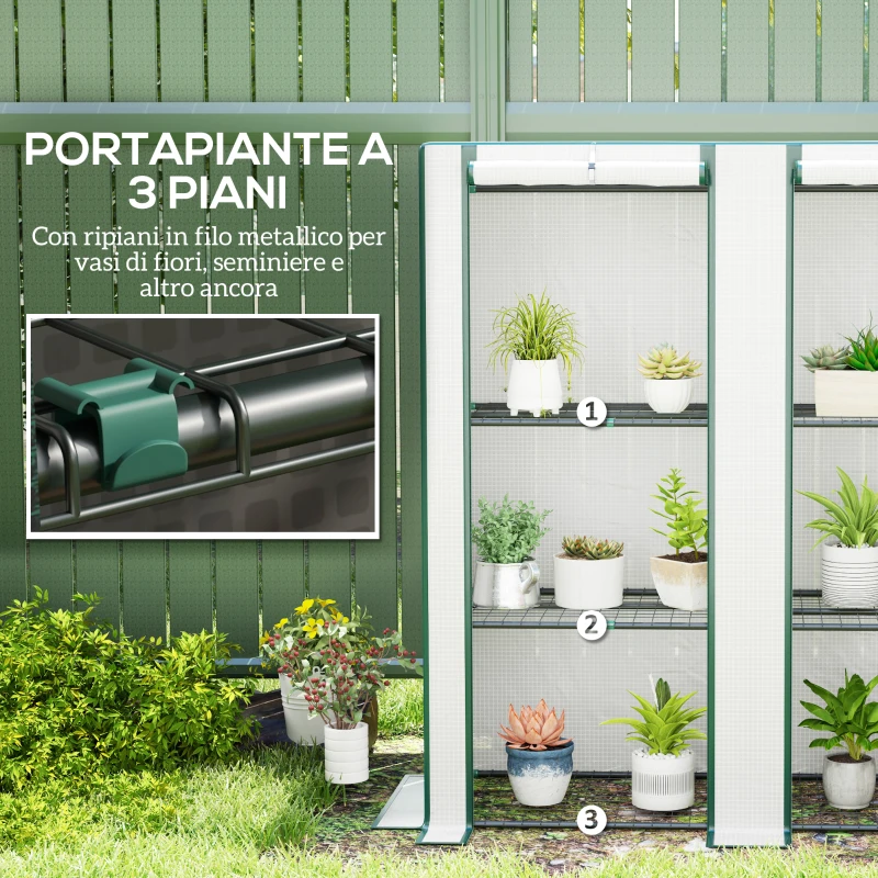 Outsunny Serra da Giardino con 2 Porte Avvolgibili, Scaffale a 3 Ripiani e Tasche Laterali, Bianco e Verde