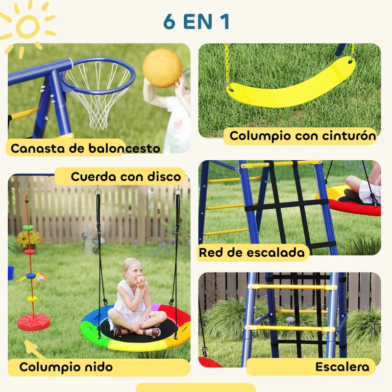 AIYAPLAY Conjunto de Columpios 6 en 1 para Niños con Nido Escalera Red para Escalar Canasta 350x183x200 cm Multicolor