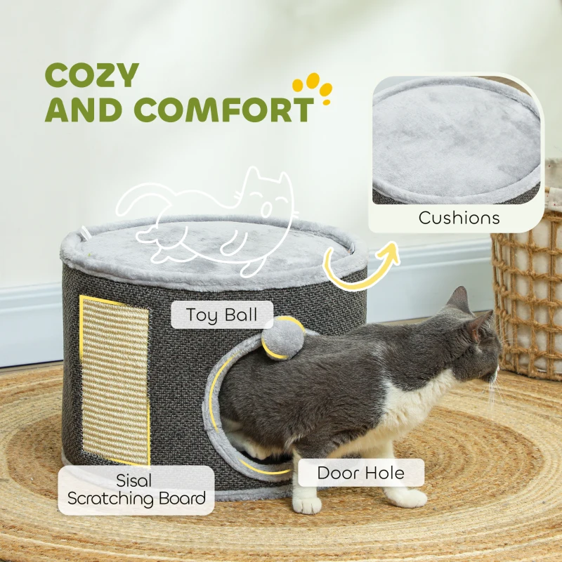 PawHut 30cm Cat Condo Barrel Tower, Small Cat Tree for Indoor Cats with Plush Platform, Toy Ball, Dark Grey