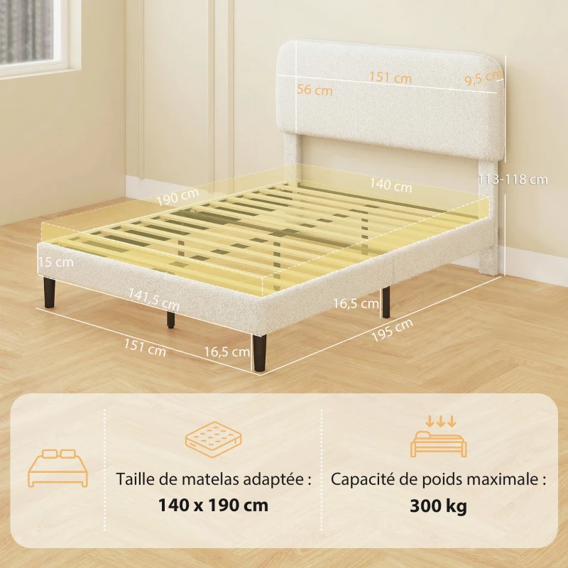 HOMCOM Cadre de Lit 140x190cm avec Sommier, Tête de Lit Réglable, Lit Double Rembourré en Velours Teddy, Lattes en Métal, Blanc