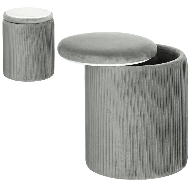 HOMCOM Storage Ottoman Modern Velvet Round Foot Stool for Living Room Bedroom 45 cm Grey
