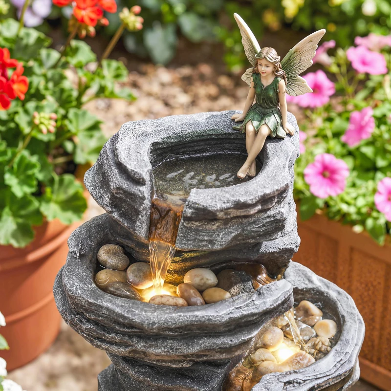 Outsunny Outdoor Fountain, 6-Tier Cascading Waterfall Feature with LED Lights, Resin Freestanding Garden Fountain, Grey