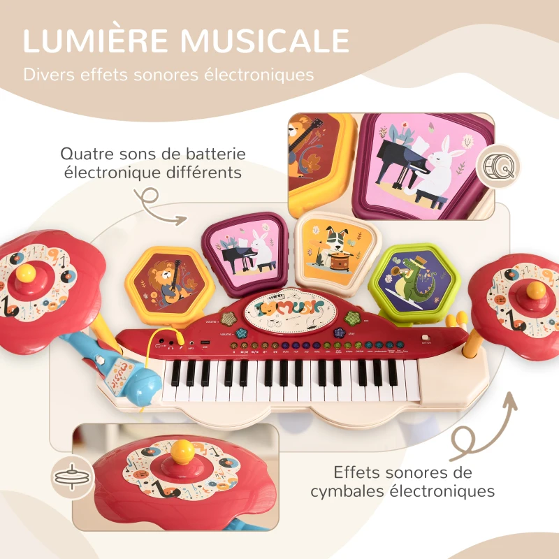 AIYAPLAY Ensemble de musique 2 en 1 pour enfant piano et batterie électronique avec micro et tabouret