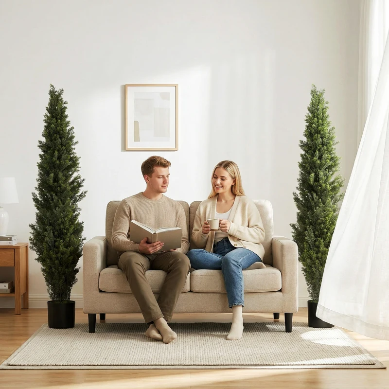 HOMCOM Set of 2 Decorative Artificial Plants Cypress in Weighted Pot, Fake Plant with 2035 Leaves, 150 cm