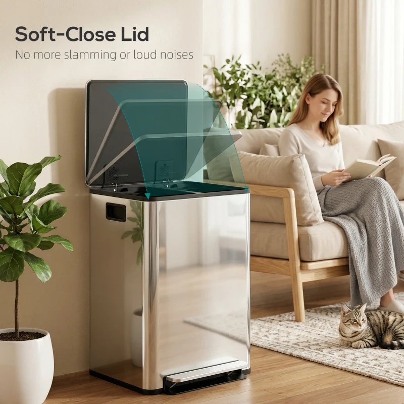 HOMCOM Kosz na śmieci z 2x30L komorami, pokrywą soft-close, odporny na odciski, stal nierdzewna, srebrny