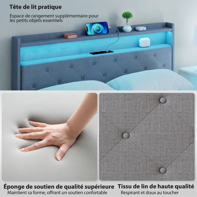 HOMCOM Cadre de lit 140 x 190 cm avec sommier acier, lit 2 personnes flottant avec lumières LED RGB et station de charge, gris