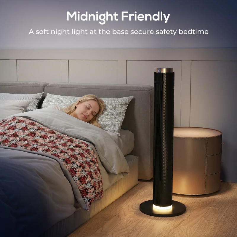 HOMCOM Tower Fan with WiFi App Control, Standing Floor Fan with 3 Speed 4 Modes, 12 Hour Timer and Night Light Black