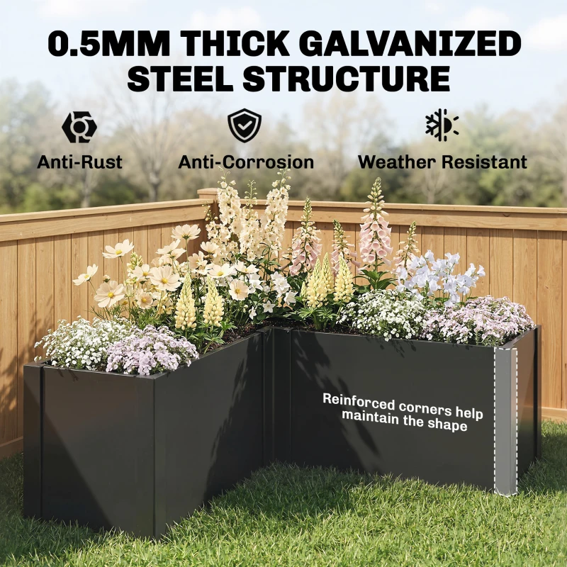 Outsunny Podwyższona grządka w kształcie litery L, odporna na warunki atmosferyczne, wykonana z ocynkowanej stali, 150 x 150 x 55 cm, czarna