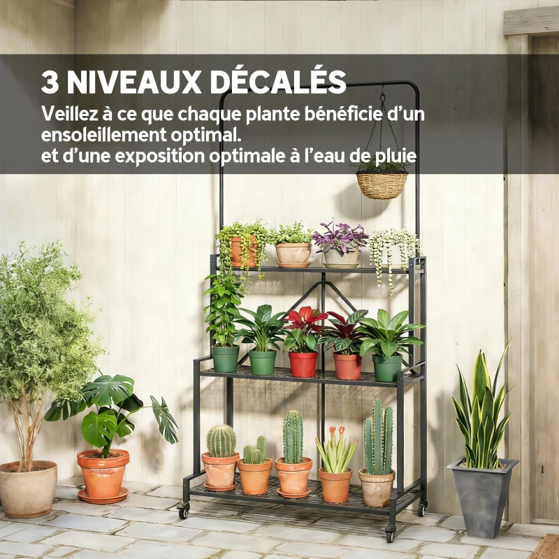 Outsunny Support pour Plantes à 3 Niveaux avec Roulettes, Étagère à Fleurs Pliable en Métal avec 4 Crochets, 84x40,5x174cm, Noir