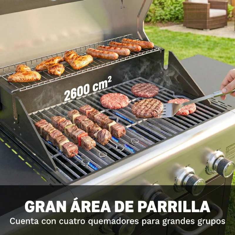 Outsunny Barbacoa de Gas con 4 Quemadores 12,8 kW Termómetro Parrillas de Hierro Fundido Mesas Laterales Armario y Ruedas Negro