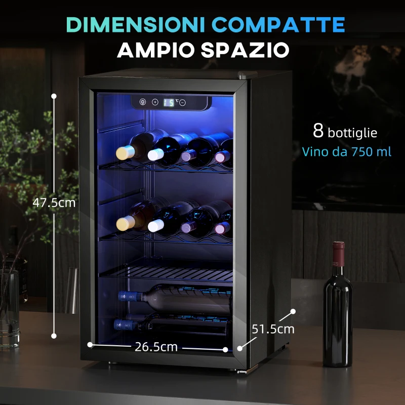 HOMCOM Cantinetta Vino Refrigerata 24 Bottiglie 68L Temperatura Regolabile 4-16℃ con Vetro Anti UV, Ripiani, Nera