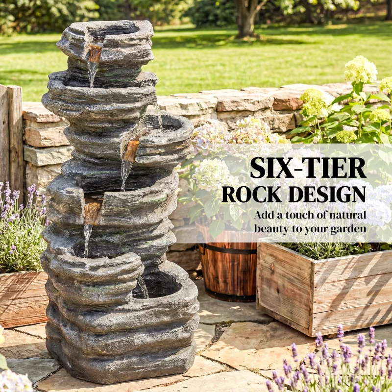 Outsunny Outdoor Fountain, 6-Tier Cascading Waterfall Feature with LED Lights, Resin Freestanding Garden Fountain, Grey