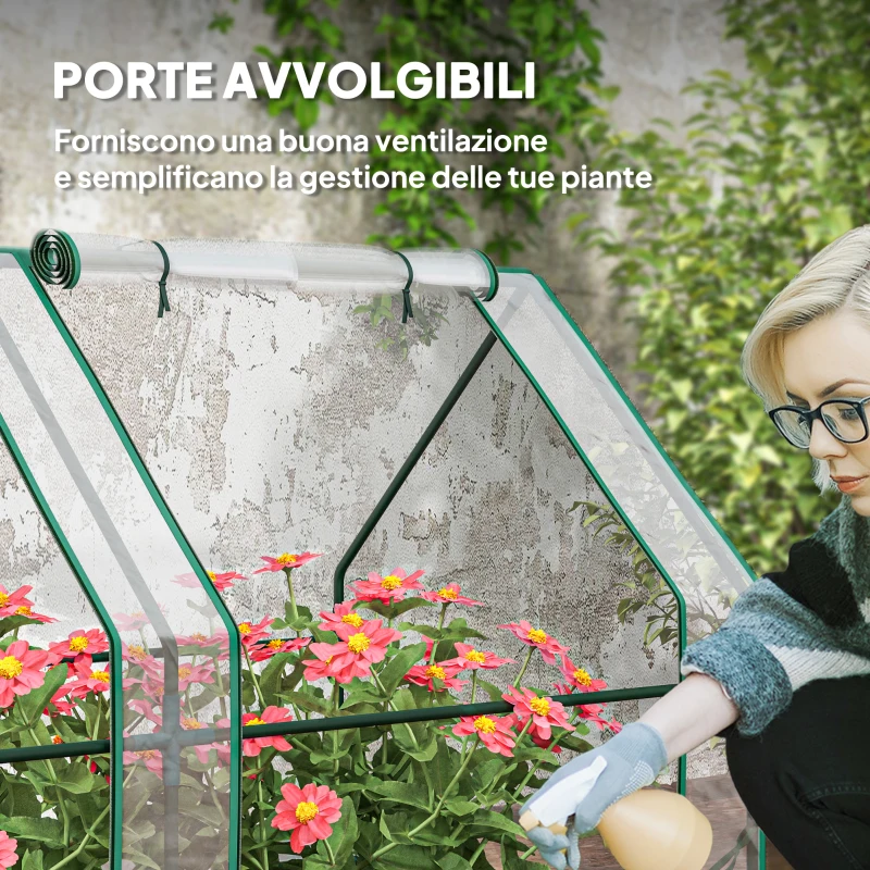 Outsunny Mini Serra da Giardino a 4 Porte Arrotolabili con Copertura Allungata, in Acciaio e PE, 360x90x90 cm, Trasparente