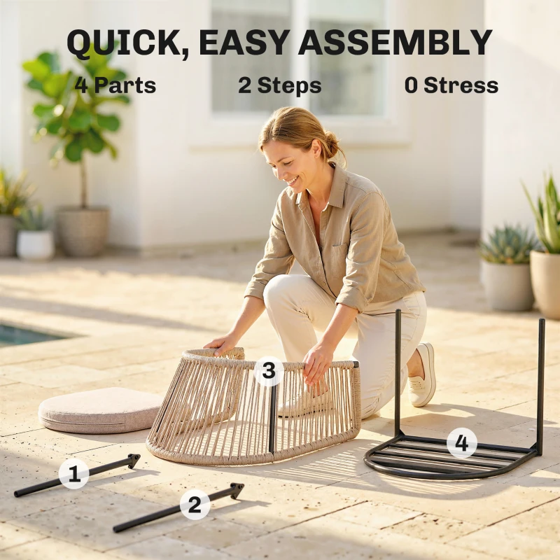 Outsunny Garden Chairs Set of 2, Rattan Garden Dining Chairs with String Back Armrests, Cushions, Natural Wood Finish