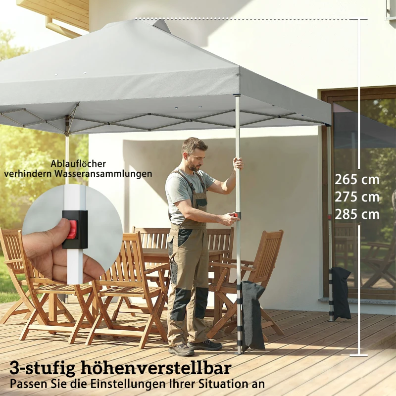 Outsunny Pavillon ca. 3x3 m Wasserdicht Höhenverstellbar Pop-up Faltpavillon mit 3 Seitenwänden Fenster Lüftung, UV 50+ Hellgrau