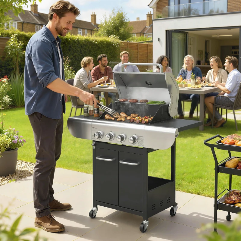 Outsunny Barbacoa de Gas con 4 Quemadores 12,8 kW Termómetro Parrillas de Hierro Fundido Mesas Laterales Armario y Ruedas Negro