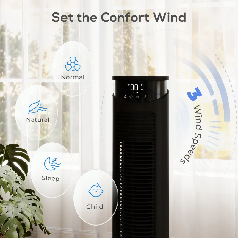 HOMCOM Tower Fan with WiFi Control Standing Floor Fan with Remote Control 116 cm Black