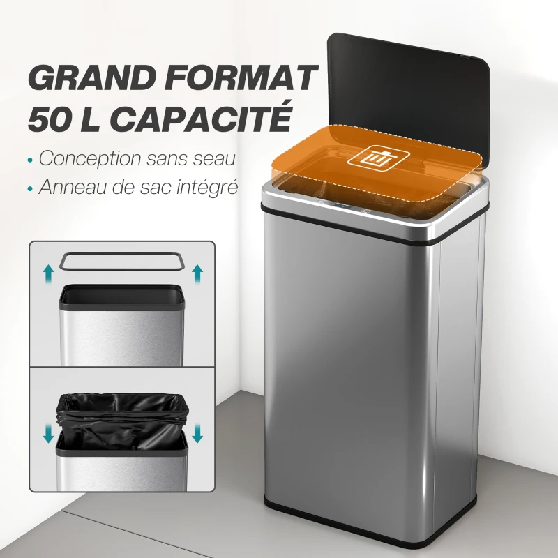 HOMCOM Poubelle à Capteur de 50L, Couvercle à Fermeture en Douceur, Poubelle de Cuisine Automatique Acier Inoxydable, Argenté