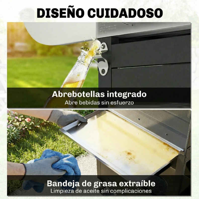 Outsunny Barbacoa de Gas con 4 Quemadores 12,8 kW Termómetro Parrillas de Hierro Fundido Mesas Laterales Armario y Ruedas Negro
