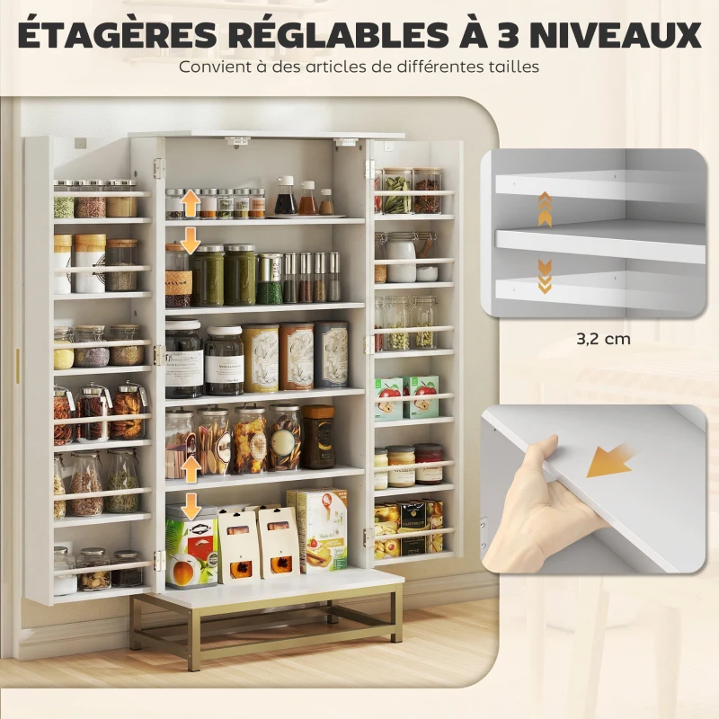 HOMCOM Armoire de cuisine meuble cuisine rangement avec 12 étagères à portes, étagères ajustables, 58x29x119,5cm, blanc