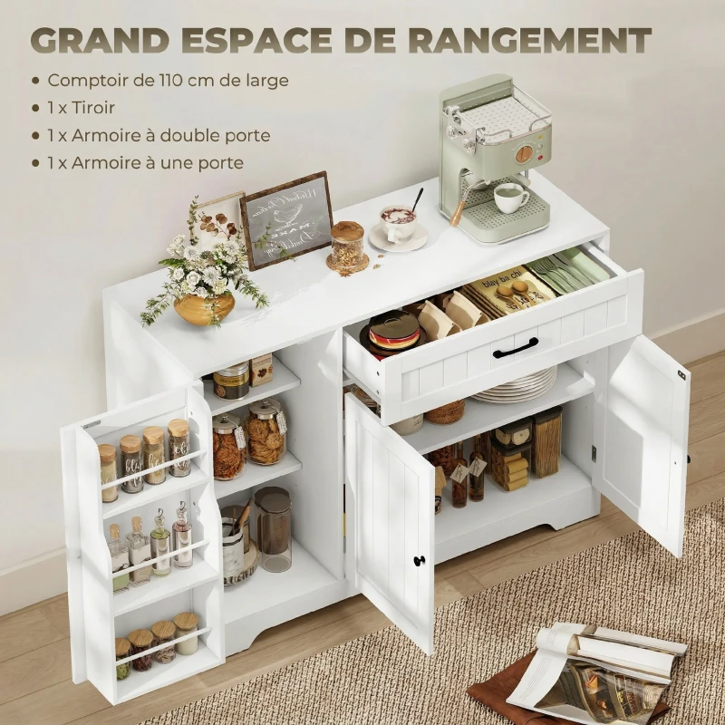 HOMCOM Buffet cuisine, meuble de rangement avec tiroir, 3 portes à fermeture douce, racks-porte et étagères réglables, blanc