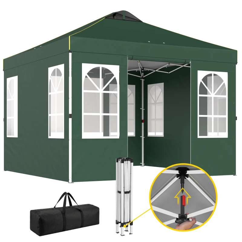 Outsunny Carpa Plegable 3x3 m Pop-up con UPF50+ 4 Laterales Desmontables Altura Ajustable y Bolsa de Transporte Verde