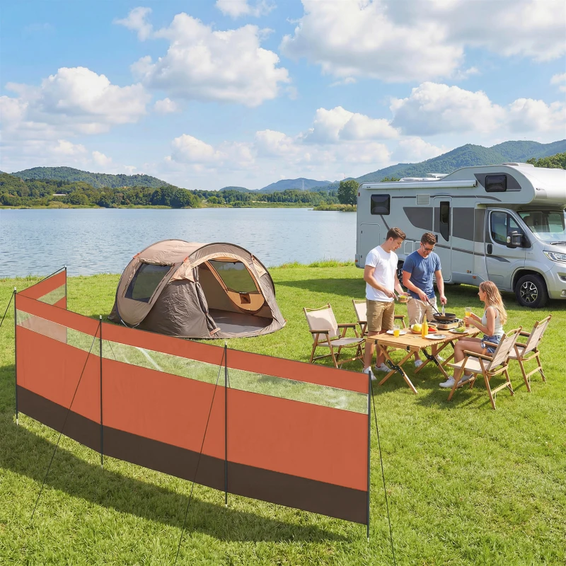 Outsunny Camping Windbreaker with Clear Windows, Carry Bag and Steel Poles, for Beach Caravan Campervan, 725 x 140cm, Orange