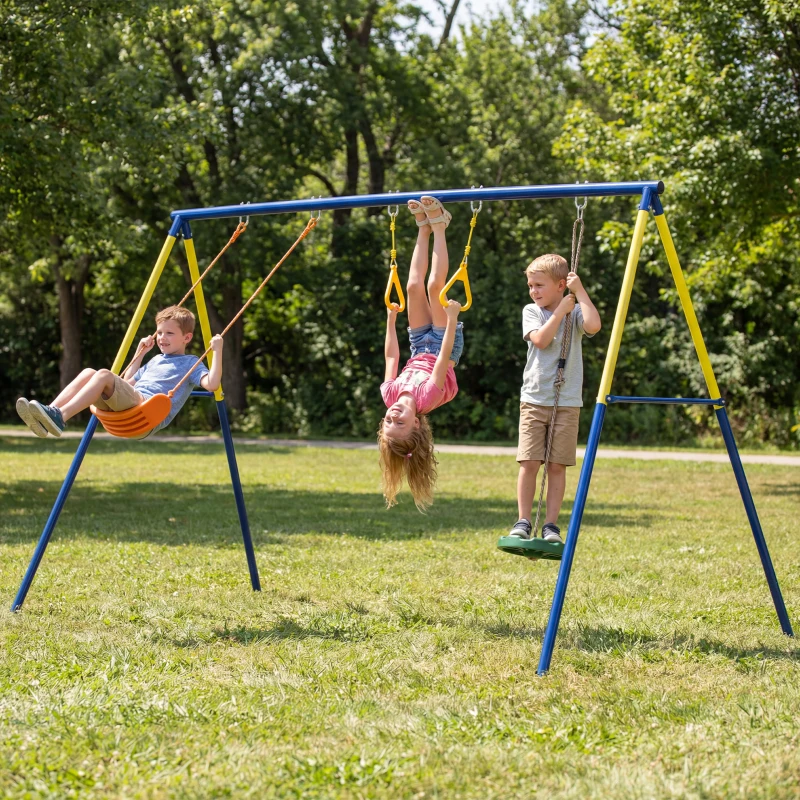 AIYAPLAY Portique Balancoire Exterieur Enfants 3-en-1, Siège de Balancelle, 2 Anneaux Gymnastique et Balançoire à Disque