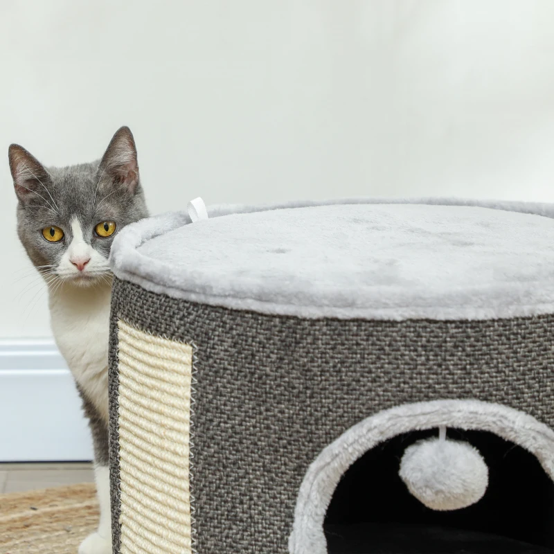 PawHut 30cm Cat Condo Barrel Tower, Small Cat Tree for Indoor Cats with Plush Platform, Toy Ball, Dark Grey