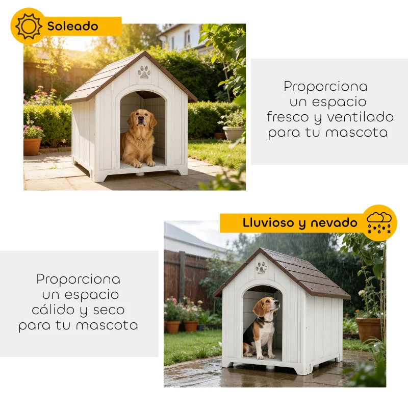 PawHut Caseta para Perros Exterior Casa para Perros Grandes de Plástico con 2 Ventanas Base Elevada Estacas Marrón Oscuro