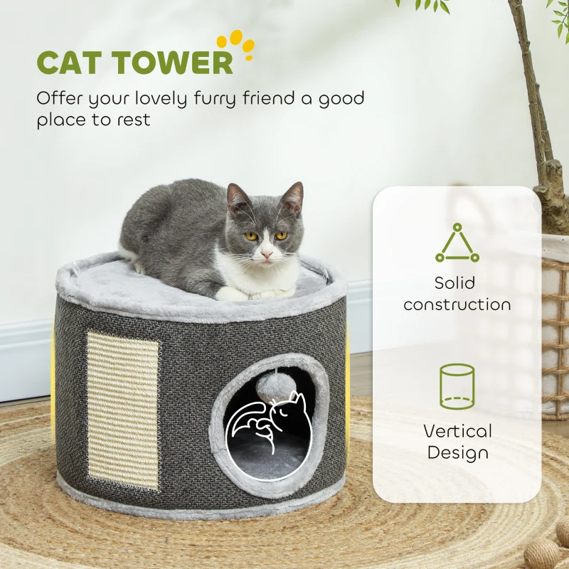 PawHut 30cm Cat Condo Barrel Tower, Small Cat Tree for Indoor Cats with Plush Platform, Toy Ball, Dark Grey