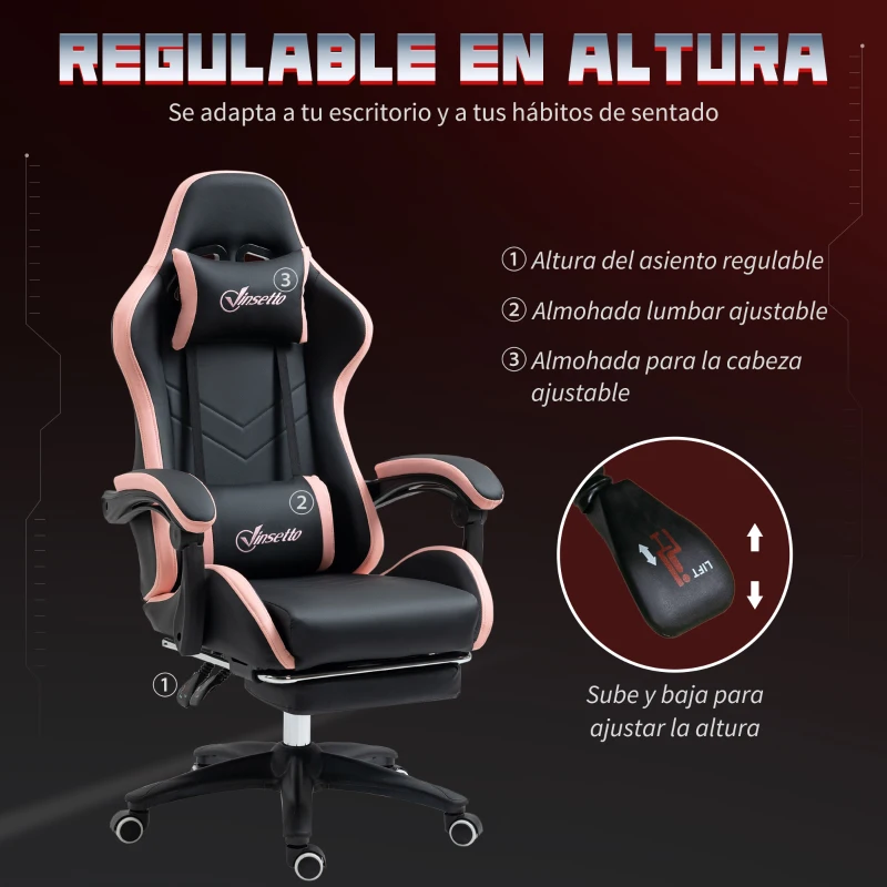 Vinsetto Silla Gaming Silla Gamer de Cuero PU Reclinable 135° Reposacabezas y Reposapiés 65x65x121-129 cm Negro y Rosa