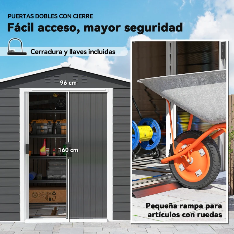 Outsunny Cobertizo de Jardín Exterior 4,4 m² 240x206x198 cm con Base Puerta Corredera y Cerradura 4 Ventanas para Patio Gris