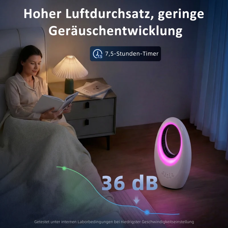 HOMCOM Bladloze torenventilator, 36 dB stille ventilator met 60° oscillatie, LED-verlichting, 3 snelheden, 7,5 uur timer, afstandsbediening