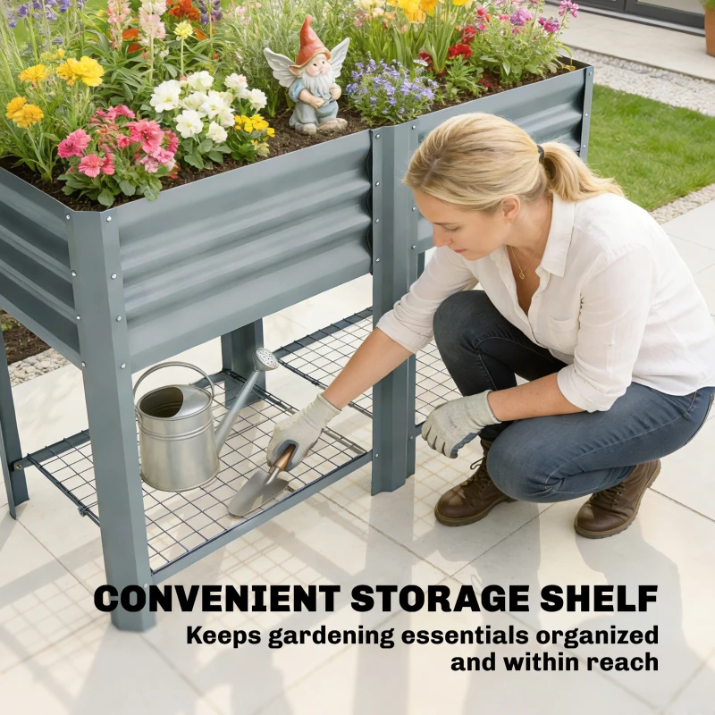 Outsunny Raised Garden Bed with Storage Shelf Steel Elevated Planter Box with Legs for Outdoor Vegetables Flowers