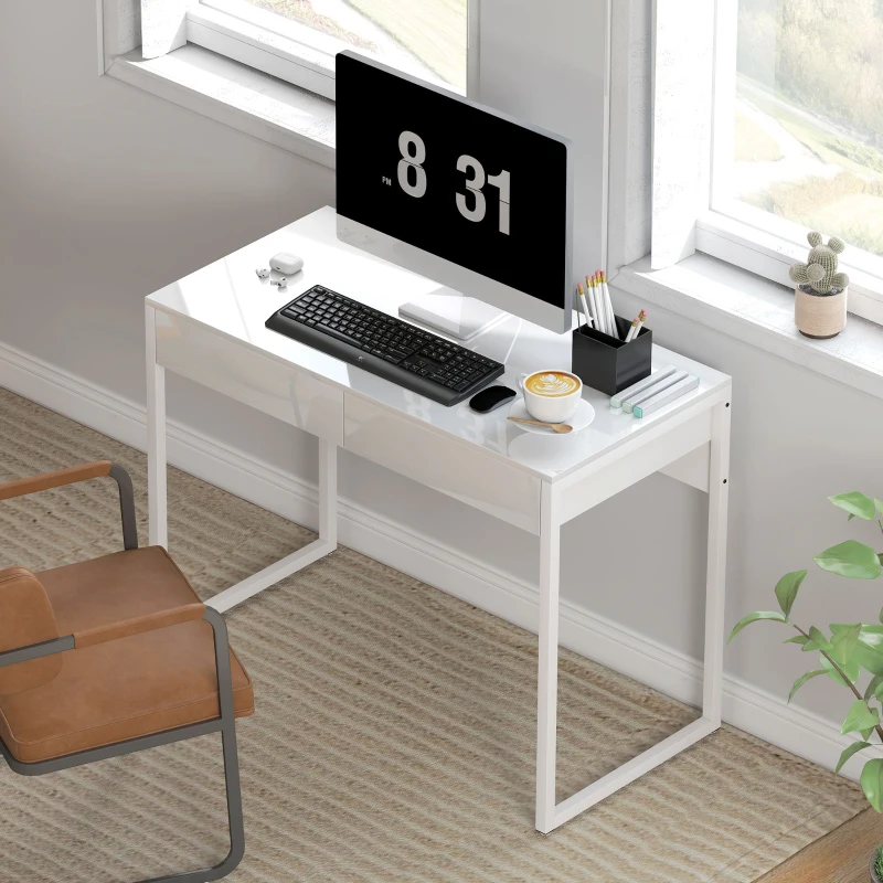 HOMCOM Bureau avec 2 tiroirs, table d'ordinateur 100 x 50 cm, bureau moderne pied en acier, pour petits espaces, blanc brillant
