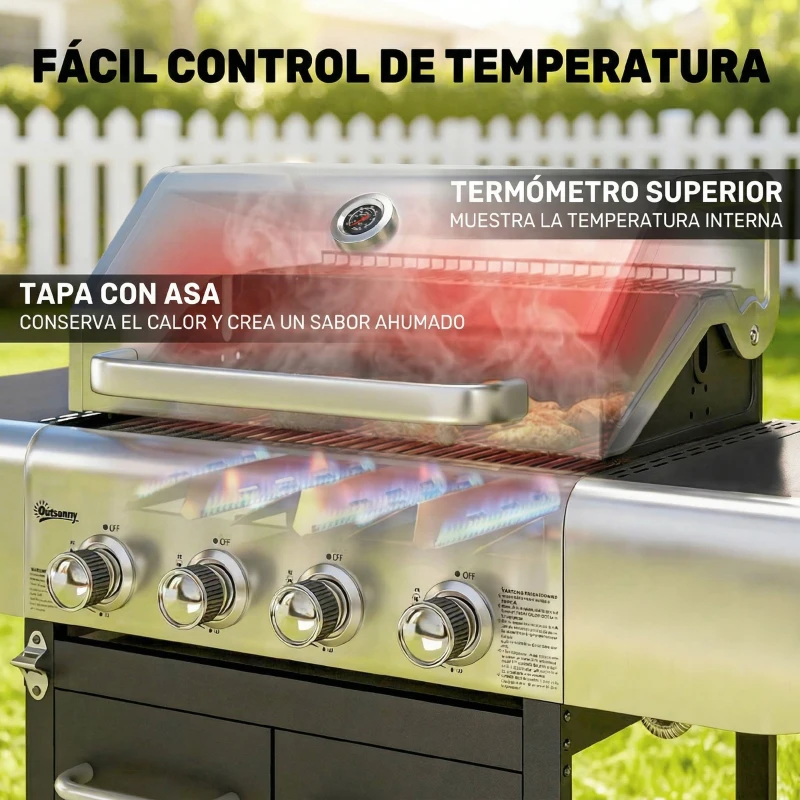 Outsunny Barbacoa de Gas con 4 Quemadores 12,8 kW Termómetro Parrillas de Hierro Fundido Mesas Laterales Armario y Ruedas Negro