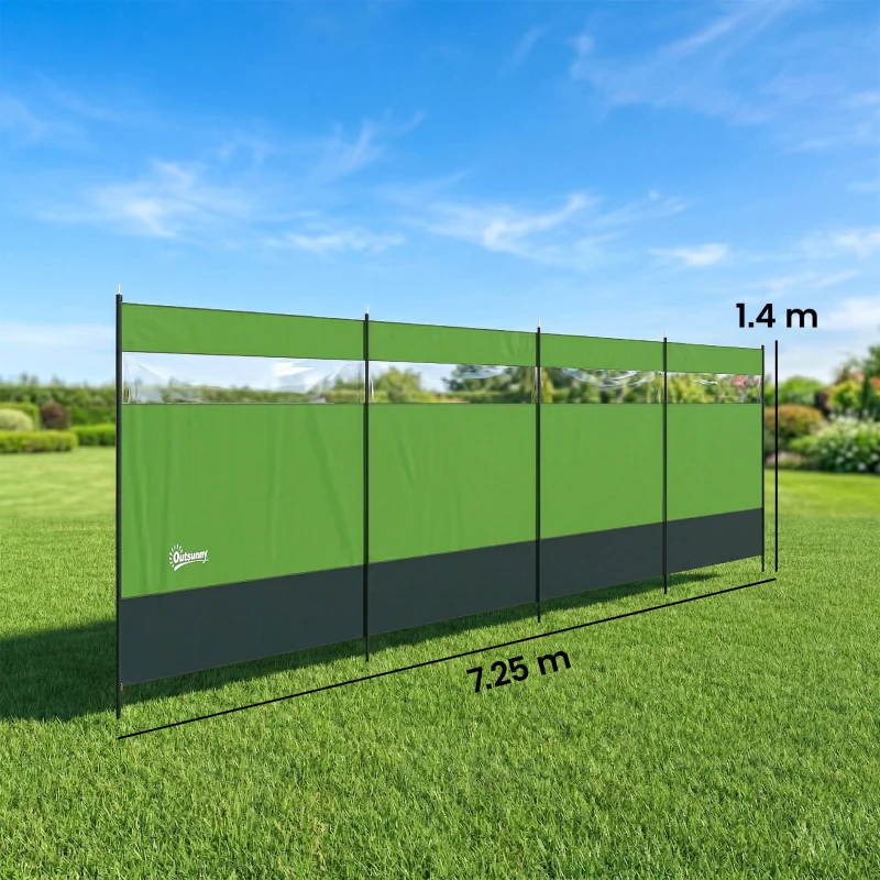 Outsunny Camping Windbreaker with Clear Windows, Carry Bag and Steel Poles, for Beach Caravan Campervan, 725 x 140cm, Army Green