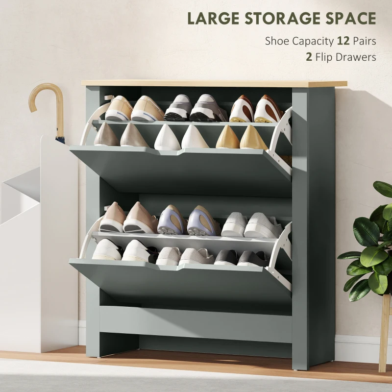 HOMCOM Slim Shoe Cabinet, Narrow Shoe Cupboard with 2 Flip Drawers, Adjustable Shelves for 12 Pairs of Shoes, Light Grey
