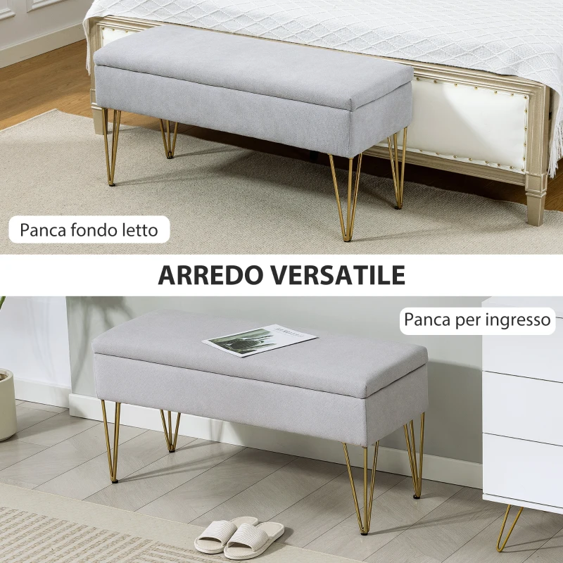 HOMCOM Panca Fondo Letto con Contenitore in Tessuto e Gambe in Acciaio, 100x40x49 cm, Grigio Chiaro