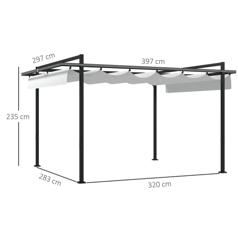 Outsunny Cenador de Jardín 3x4 m con Techo Retráctil de Poliéster y 12 Orificios de Drenaje Pérgola para Terraza Blanco y Gris