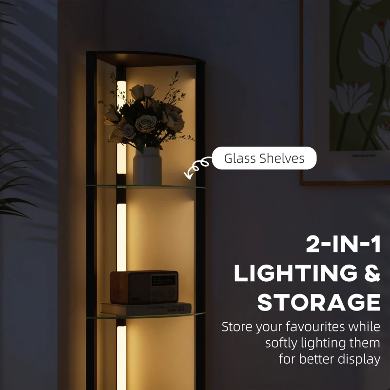 HOMCOM LED Lampa Stojąca ze Szklanymi Półkami, Lampa z 3 Poziomami Jasności, Czarna