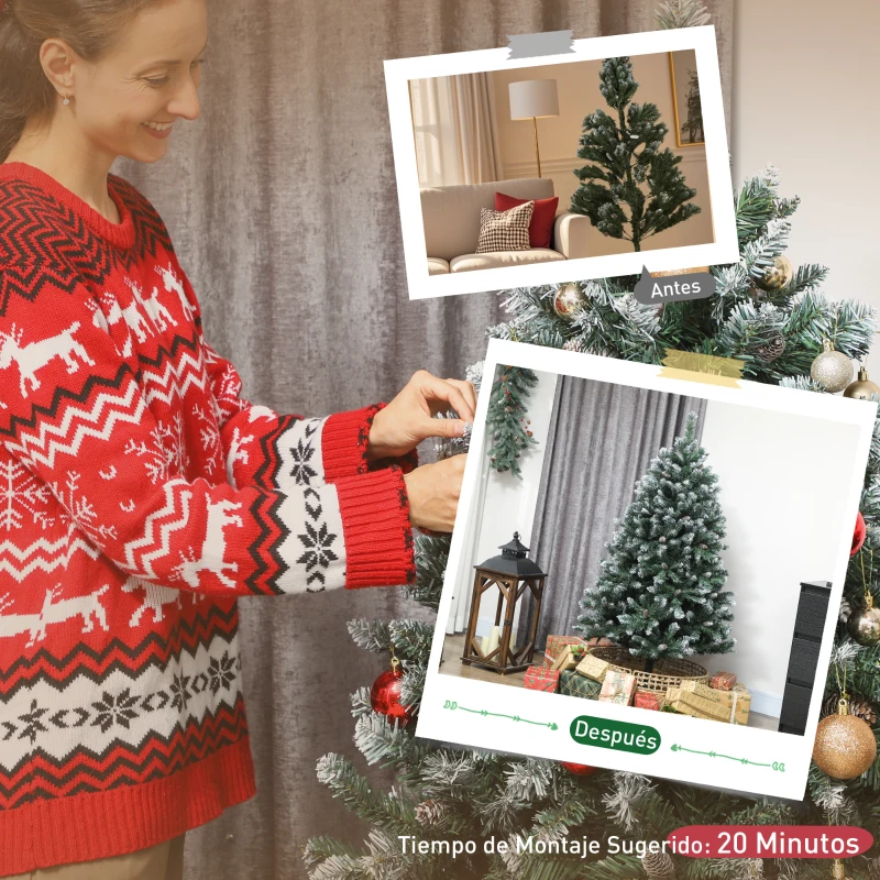 HOMCOM Árbol de Navidad Artificial 150 cm con 581 Ramas con Nieve 44 Piñas y Soporte Metálico Plegable Fácil Montaje Verde