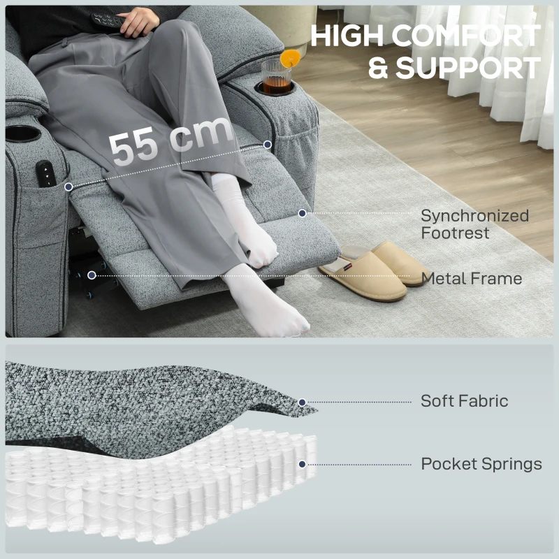 HOMCOM Electric Massage Recliner Armchair with Vibration, Heat, Whisper-Quiet Motor, Memory Function, Velvet Power Reclining Chair with Spring Pack, USB Port, Footrest, Side Pockets, Cup Holders, Grey