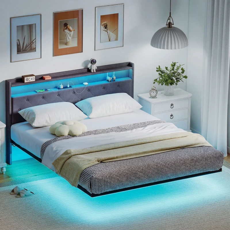 HOMCOM Cadre de lit 160 x 200 cm avec sommier acier, lit 2 personnes flottant avec lumières LED RGB et station de charge, gris
