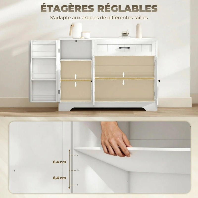 HOMCOM Buffet cuisine, meuble de rangement avec tiroir, 3 portes à fermeture douce, racks-porte et étagères réglables, blanc