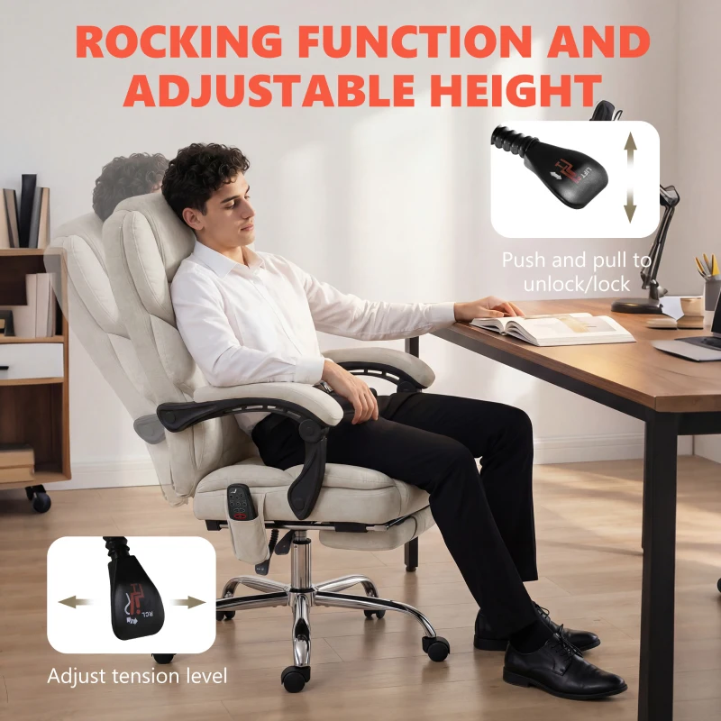 HOMCOM Office Chair with 6-point Vibration Massage and Heat, Fabric Desk Chair with Footrest, High Back, Cream White