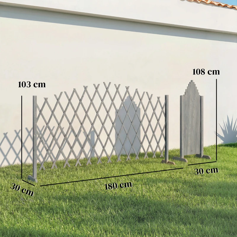 Outsunny 2 Pack Expanding Fence Panels, Wooden Freestanding Garden Fence with Stable Feet, 180 x 30 x 103cm, Dark Grey