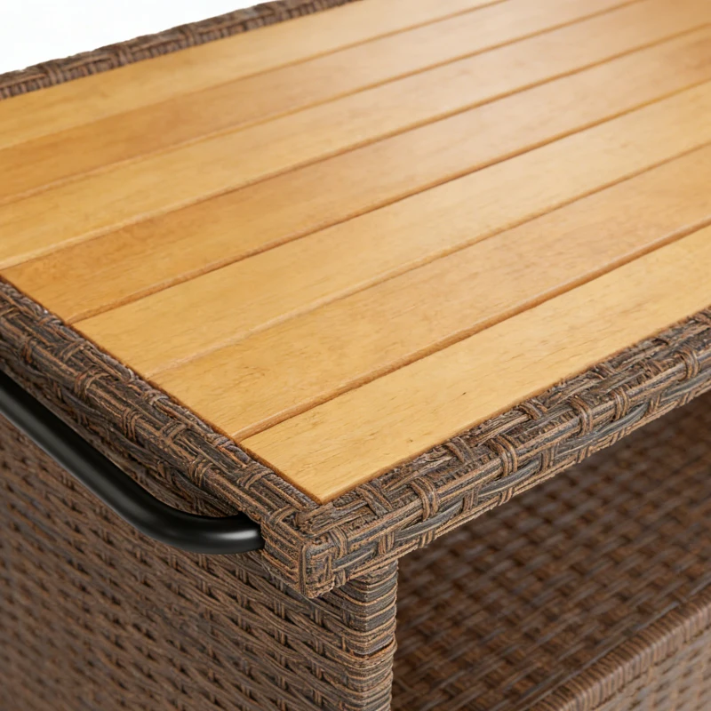 Outsunny Carrinho de Serviço em Rattan com Tampo de Eucalipto FSC, Prateleira, Rodas e Pegador Lateral 95 x 54 x 84 cm